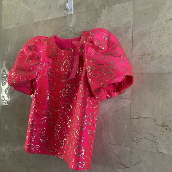 Lilly Pulitzer Pratt Top Pink Gold Brocade Puff Sleeve Party Blouse NWT - Small - Picture 3 of 10